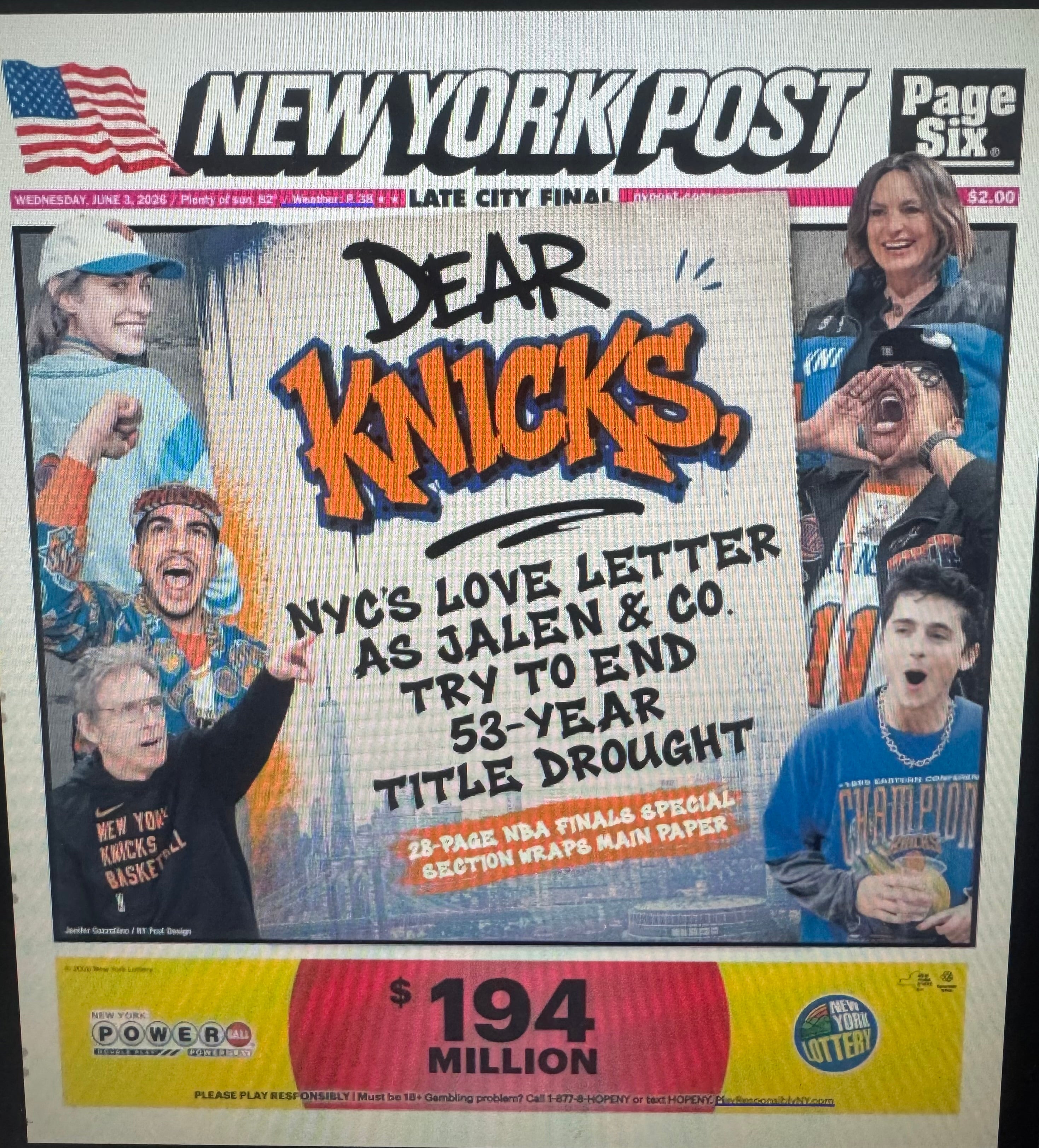 NEW YORK POST KNICKS: Full Newspaper with 28 Page Knicks Color Overwrap